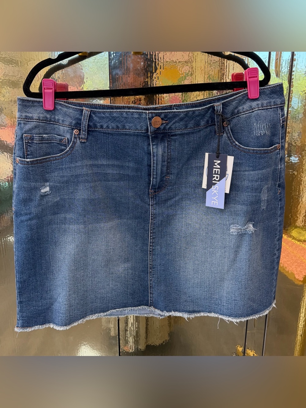 NWT Meri Skye Distressed Denim Mini Skirt Size 18W Plus Raw Hem Stretch Jean Ski